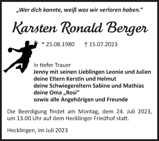 Traueranzeige von Karsten Ronald Berger von Volksstimme Staßfurt