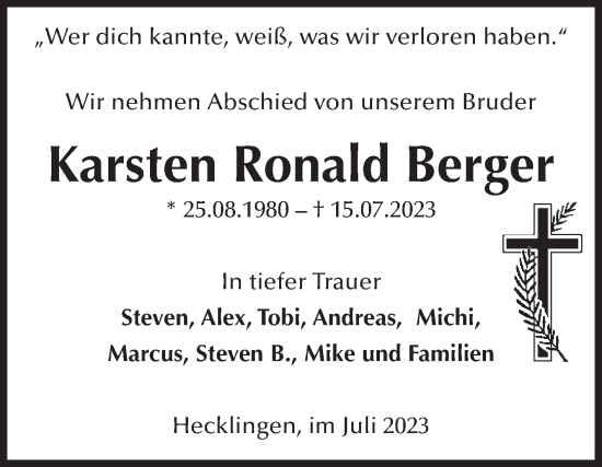 Traueranzeige von Karsten Ronald Berger von Volksstimme Staßfurt