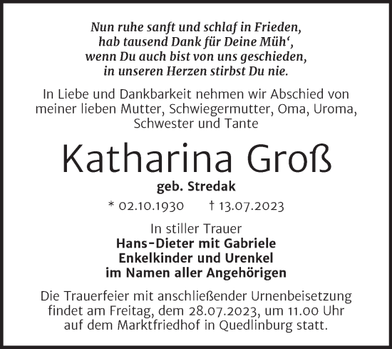 Traueranzeige von Katharina Groß von Trauerkombi Quedlinburg