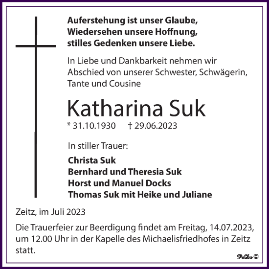 Traueranzeige von Katharina Suk von Trauerkombi Zeitz