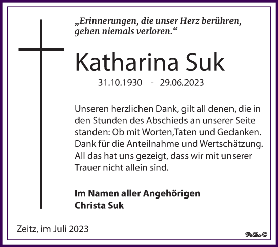 Traueranzeige von Katharina Suk von Trauerkombi Zeitz