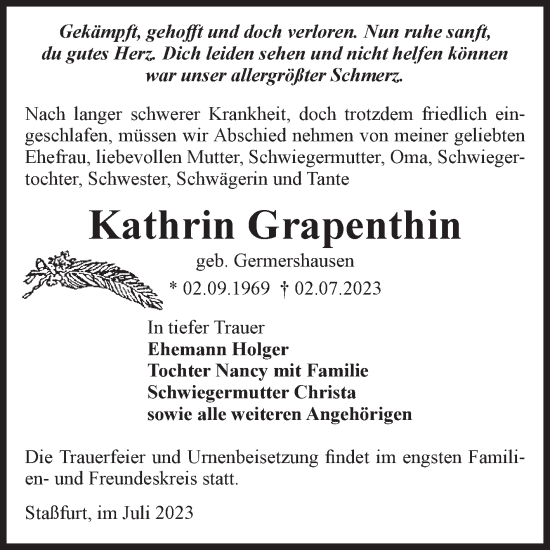 Traueranzeige von Kathrin Grapenthin von Volksstimme Staßfurt