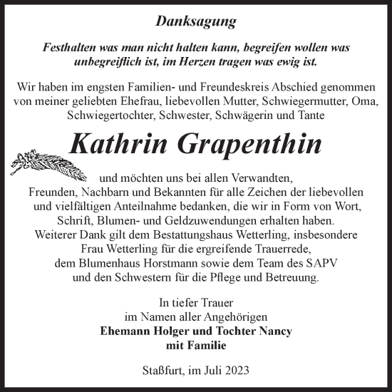 Traueranzeige von Kathrin Grapenthin von Volksstimme Staßfurt