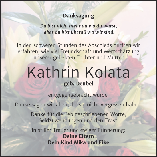 Traueranzeige von Kathrin Kolata von Trauerkombi Merseburg