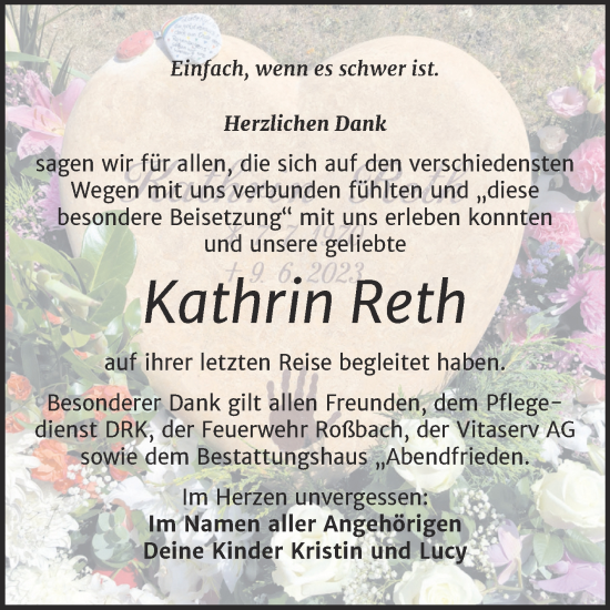 Traueranzeige von Kathrin Reth von Trauerkombi Merseburg