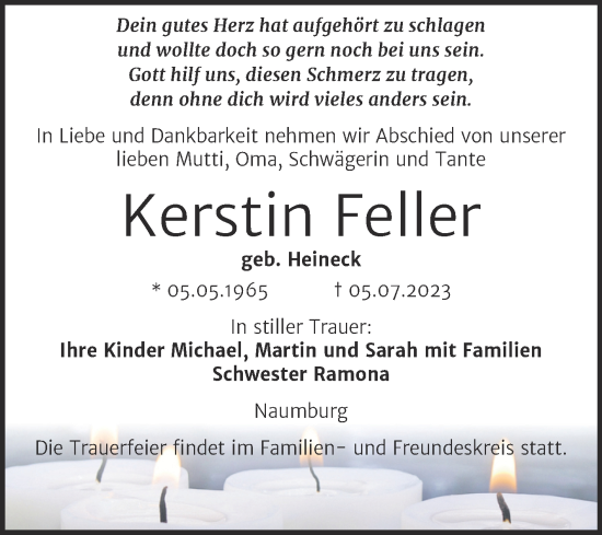 Traueranzeige von Kerstin Feller von Wochenspiegel Naumburg/Nebra