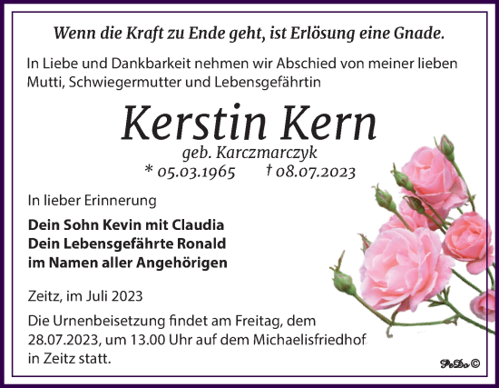 Traueranzeige von Kerstin Kern von Trauerkombi Zeitz