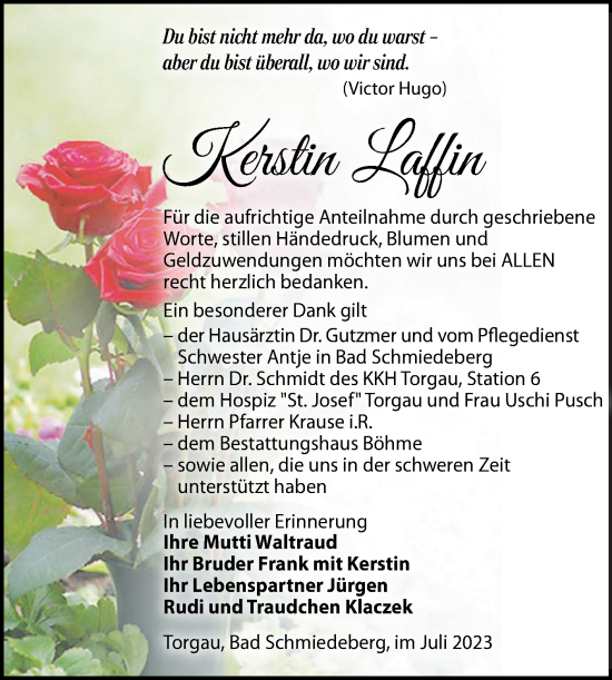 Traueranzeige von Kerstin Laffin von Trauerkombi Wittenberg