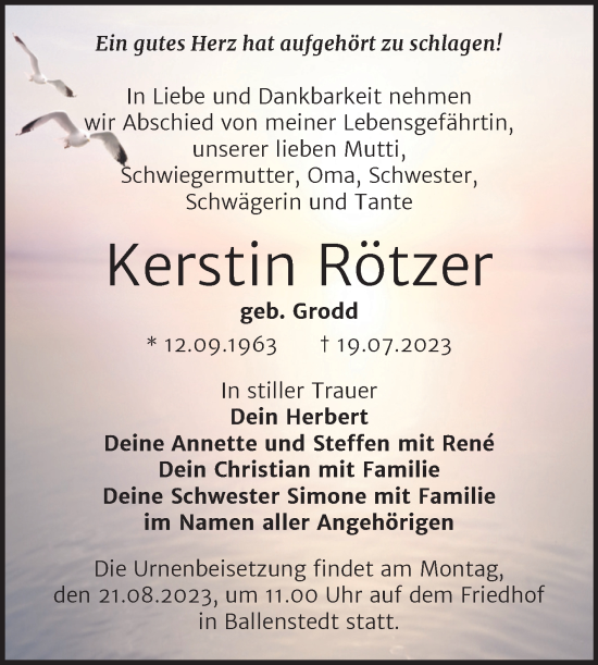 Traueranzeige von Kerstin Rötzer von Trauerkombi Quedlinburg