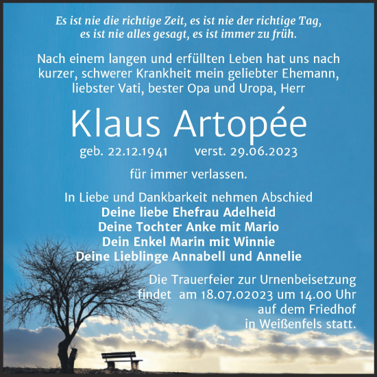 Traueranzeige von Klaus Artopee von Trauerkombi Weißenfels