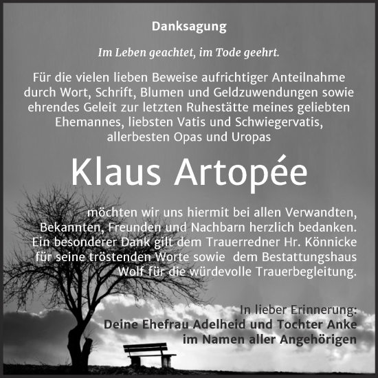 Traueranzeige von Klaus Artopee von Trauerkombi Weißenfels