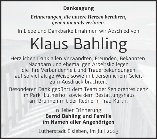 Traueranzeige von Klaus Bahling von Trauerkombi Mansfelder Land