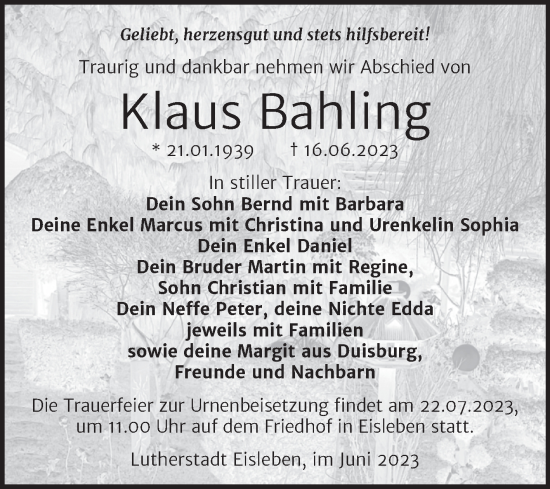 Traueranzeige von Klaus Bahling von Trauerkombi Mansfelder Land