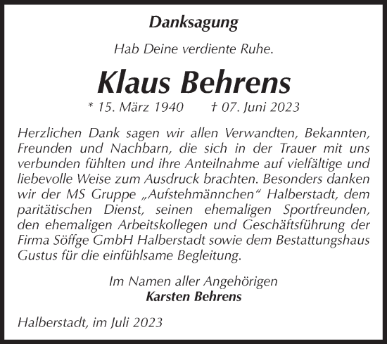 Traueranzeige von Klaus Behrens von Volksstimme Halberstadt