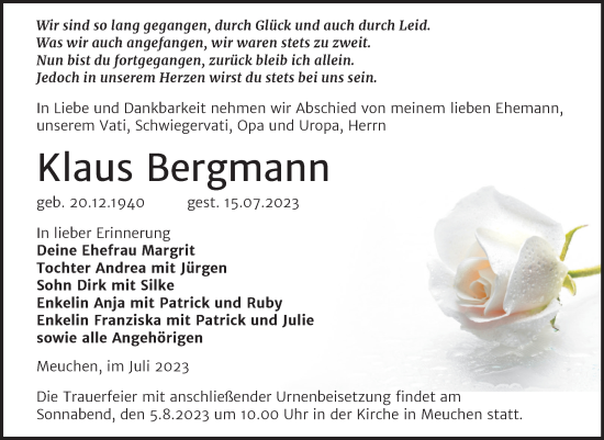 Traueranzeige von Klaus Bergmann von Trauerkombi Weißenfels