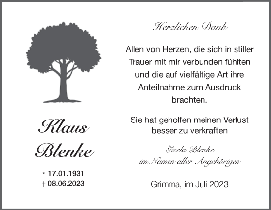 Traueranzeige von Klaus Blenke von Trauerkombi Dessau