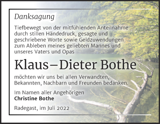Traueranzeige von Klaus-Dieter Bothe von Trauerkombi Köthen