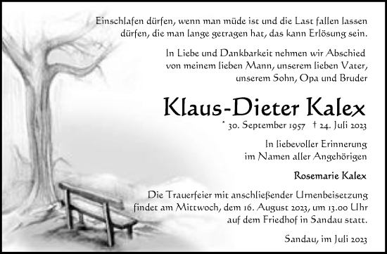 Traueranzeige von Klaus-Dieter Kalex von Volksstimme Altmark Ost