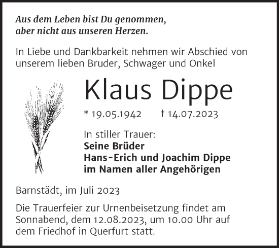 Traueranzeige von Klaus Dippe von Trauerkombi Merseburg
