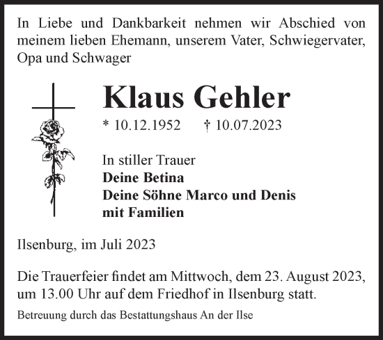 Traueranzeige von Klaus Gehler von Volksstimme Wernigerode