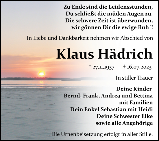 Traueranzeige von Klaus Hädrich von Trauerkombi Bitterfeld
