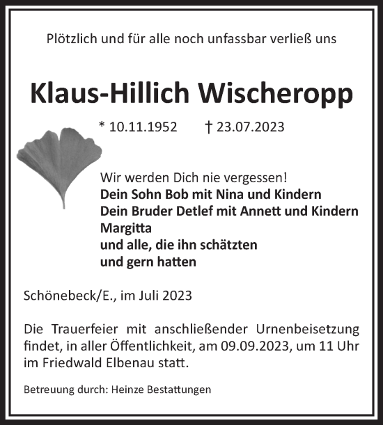 Traueranzeige von Klaus-Hillich Wischeropp von Volksstimme Magdeburg
