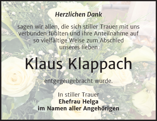 Traueranzeige von Klaus Klappach von Trauerkombi Merseburg