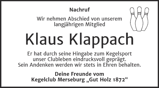 Traueranzeige von Klaus Klappach von Trauerkombi Merseburg