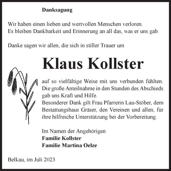 Traueranzeige von Klaus Kollster von Volksstimme Altmark Ost