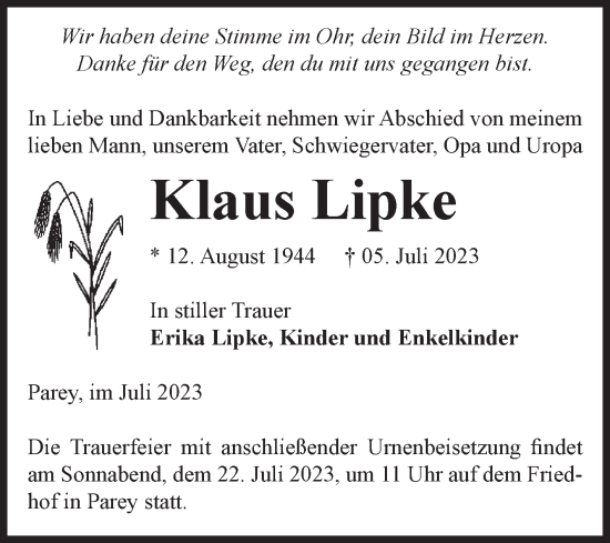 Traueranzeige von Klaus Lipke von Volksstimme Burg/Genthin