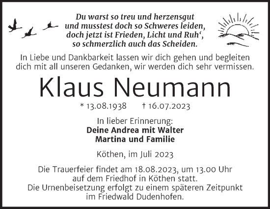 Traueranzeige von Klaus Neumann von Trauerkombi Köthen