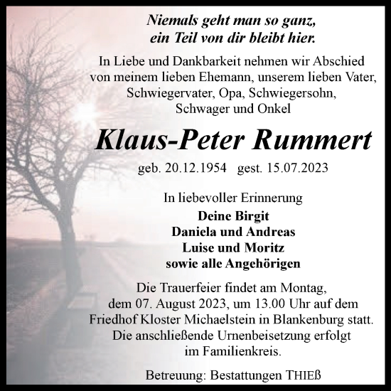 Traueranzeige von Klaus-Peter Rummert von Volksstimme Wernigerode