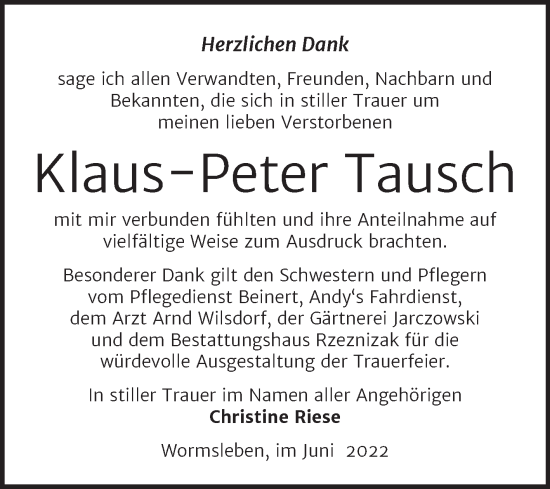 Traueranzeige von Klaus-Peter Tausch von Trauerkombi Mansfelder Land