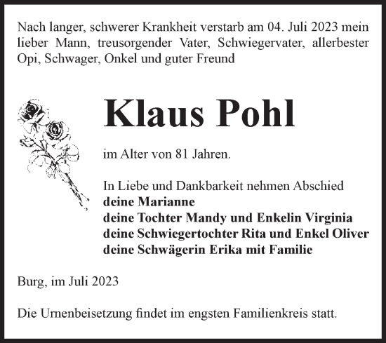 Traueranzeige von Klaus Pohl von Volksstimme Burg/Genthin