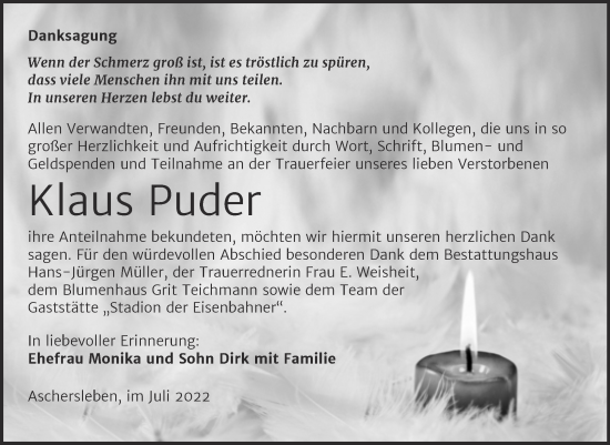 Traueranzeige von Klaus Puder von Trauerkombi Aschersleben