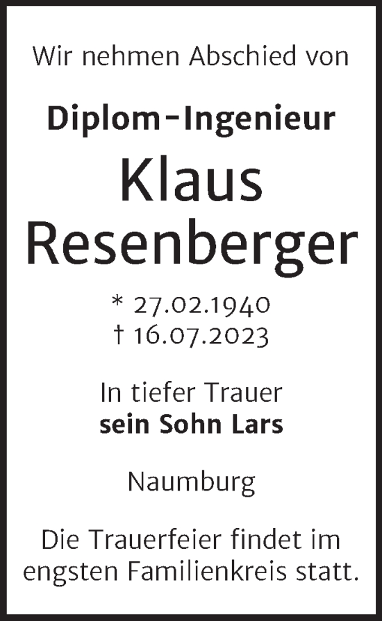 Traueranzeige von Klaus Resenberger von Naumburger Tageblatt