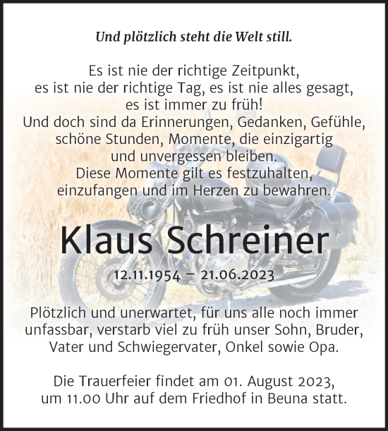 Traueranzeige von Klaus Schreiner von Trauerkombi Merseburg