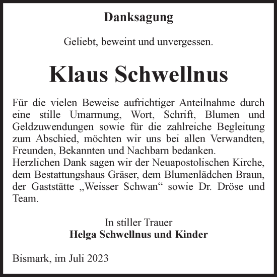 Traueranzeige von Klaus Schwellnus von Volksstimme Altmark Ost