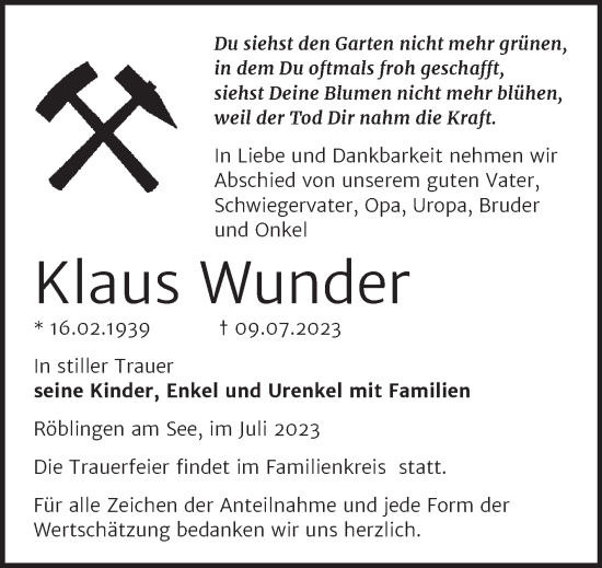 Traueranzeige von Klaus Wunder von Trauerkombi Mansfelder Land