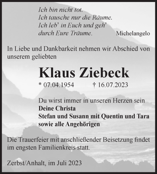 Traueranzeige von Klaus Ziebeck von Volksstimme Zerbst