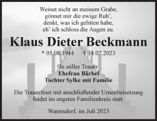 Traueranzeige von Klaus Dieter Beckmann von Mitteldeutsche Zeitung