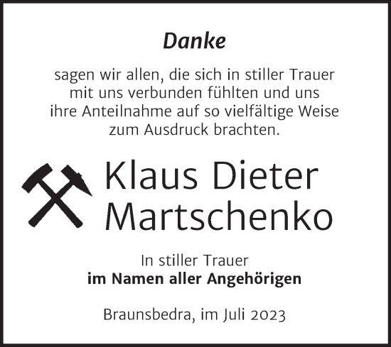 Traueranzeige von Klaus Dieter Martschenko von Trauerkombi Merseburg