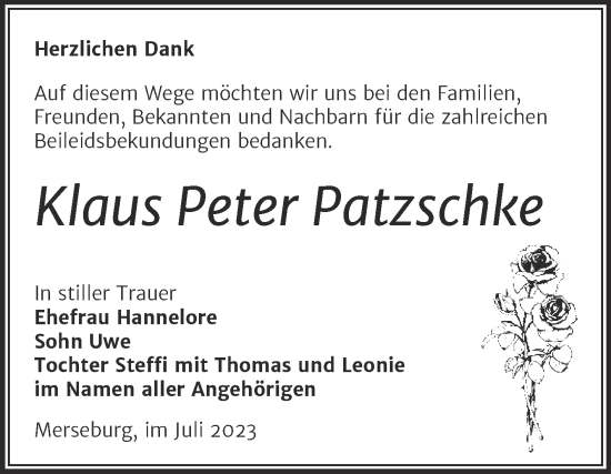 Traueranzeige von Klaus Peter Patzschke von Trauerkombi Merseburg