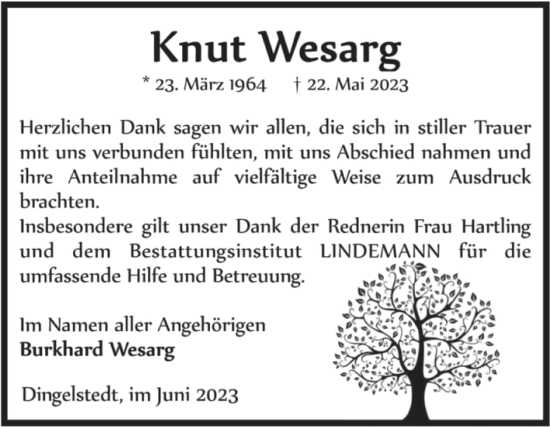 Traueranzeige von Knut Wesarg von Volksstimme Halberstadt