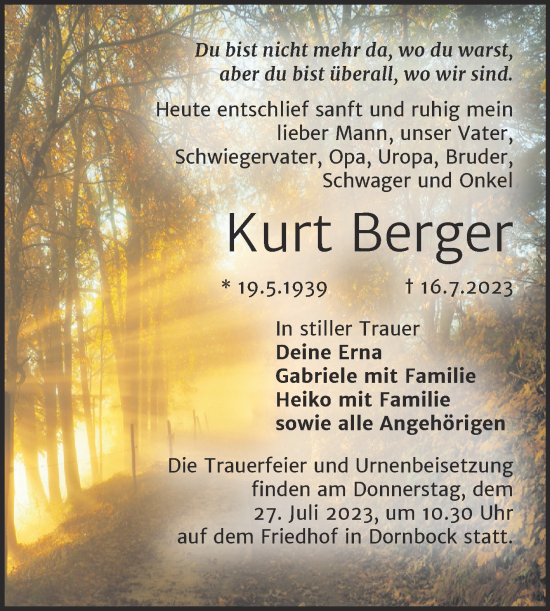 Traueranzeige von Kurt Berger von Trauerkombi Köthen