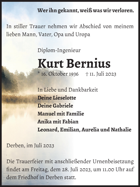 Traueranzeige von Kurt Bernius von Volksstimme Burg/Genthin