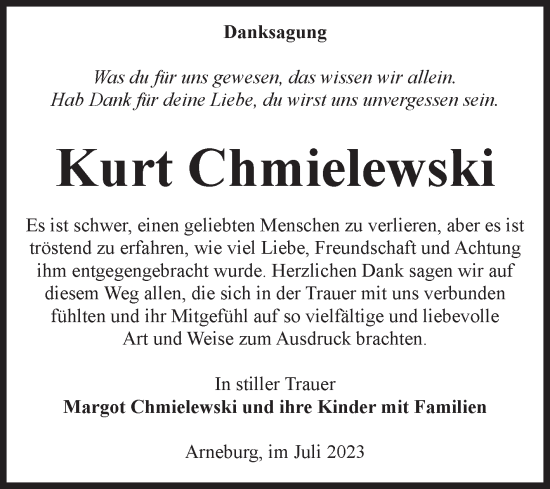 Traueranzeige von Kurt Chmielewski von Volksstimme Altmark Ost
