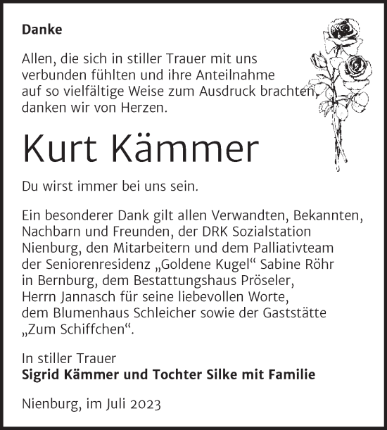 Traueranzeige von Kurt Kämmer von Trauerkombi Bernburg