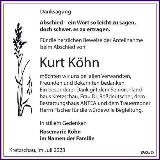 Traueranzeige von Kurt Köhn von Trauerkombi Zeitz