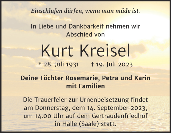 Traueranzeige von Kurt Kreisel von Mitteldeutsche Zeitung Halle/Saalkreis